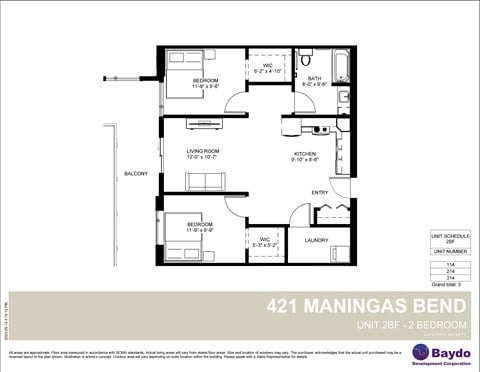 Floor plan for 2 beds, 1 bath, 884 sqft